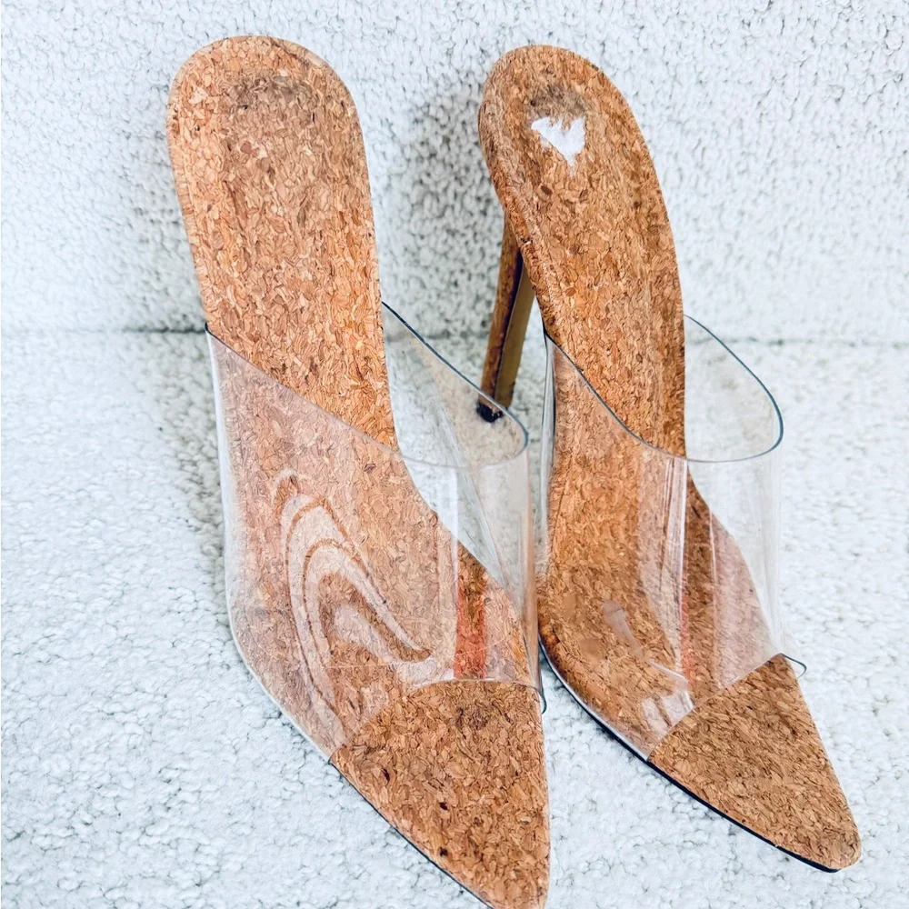 Elegant Cork and Clear High Heel Mules - Picture 3 of 9